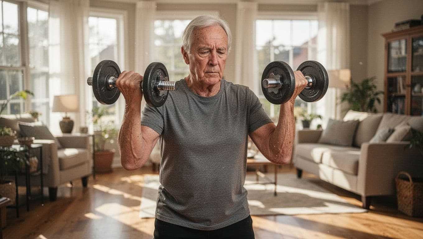 A focused sixty-five-year-old individual lifts moderate weights within a bright living room, emphasizing muscle health and proper form. Natural sunlight illuminates the realistic home setting while highlighting the person's intense concentration.