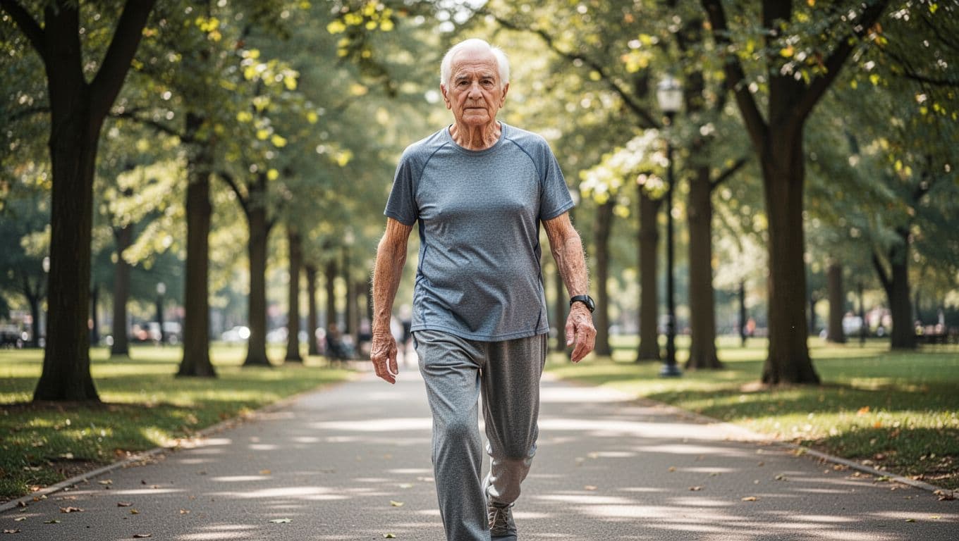 A energetic senior citizen in athletic gear strides along a paved urban park path. Lush green trees surround the area as warm natural sunlight highlights their focused, healthy expression.