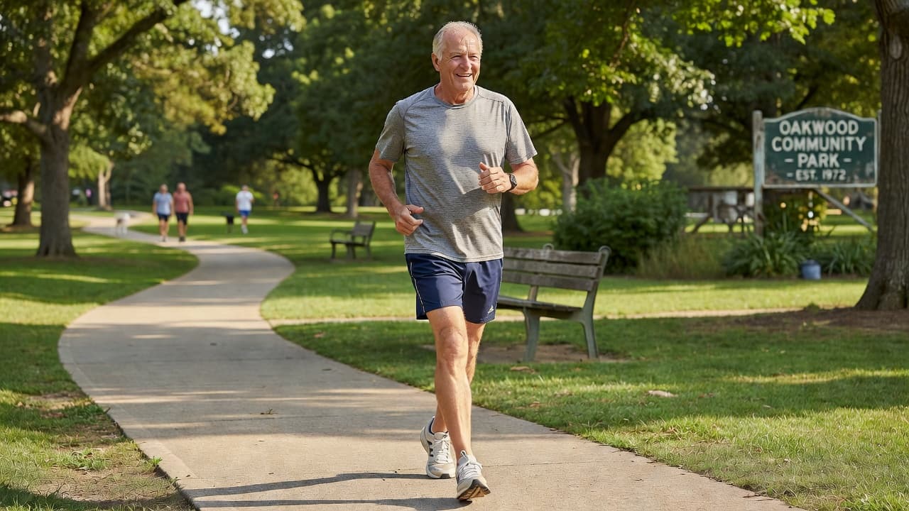 A fit seventy-year-old man wearing casual athletic apparel strides along a paved path during a sunny afternoon. The soft natural lighting highlights his realistic skin textures and determined, energetic facial expression.