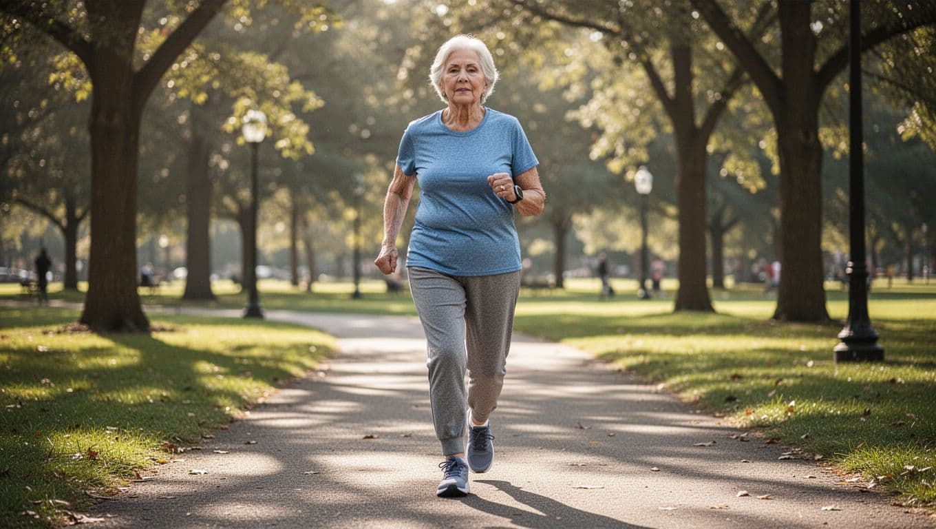 A fit person in their sixties wearing sportswear walks quickly along a paved park path. The warm afternoon sun highlights their movement, captured with a soft, blurred green background.