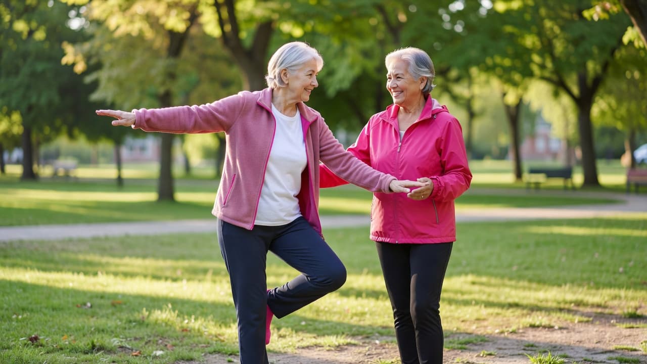 An older couple enjoys morning exercise in a sun-drenched park, with one person balancing gracefully while the other offers support. Both wear comfortable athletic clothing with bright pink accents in daylight.