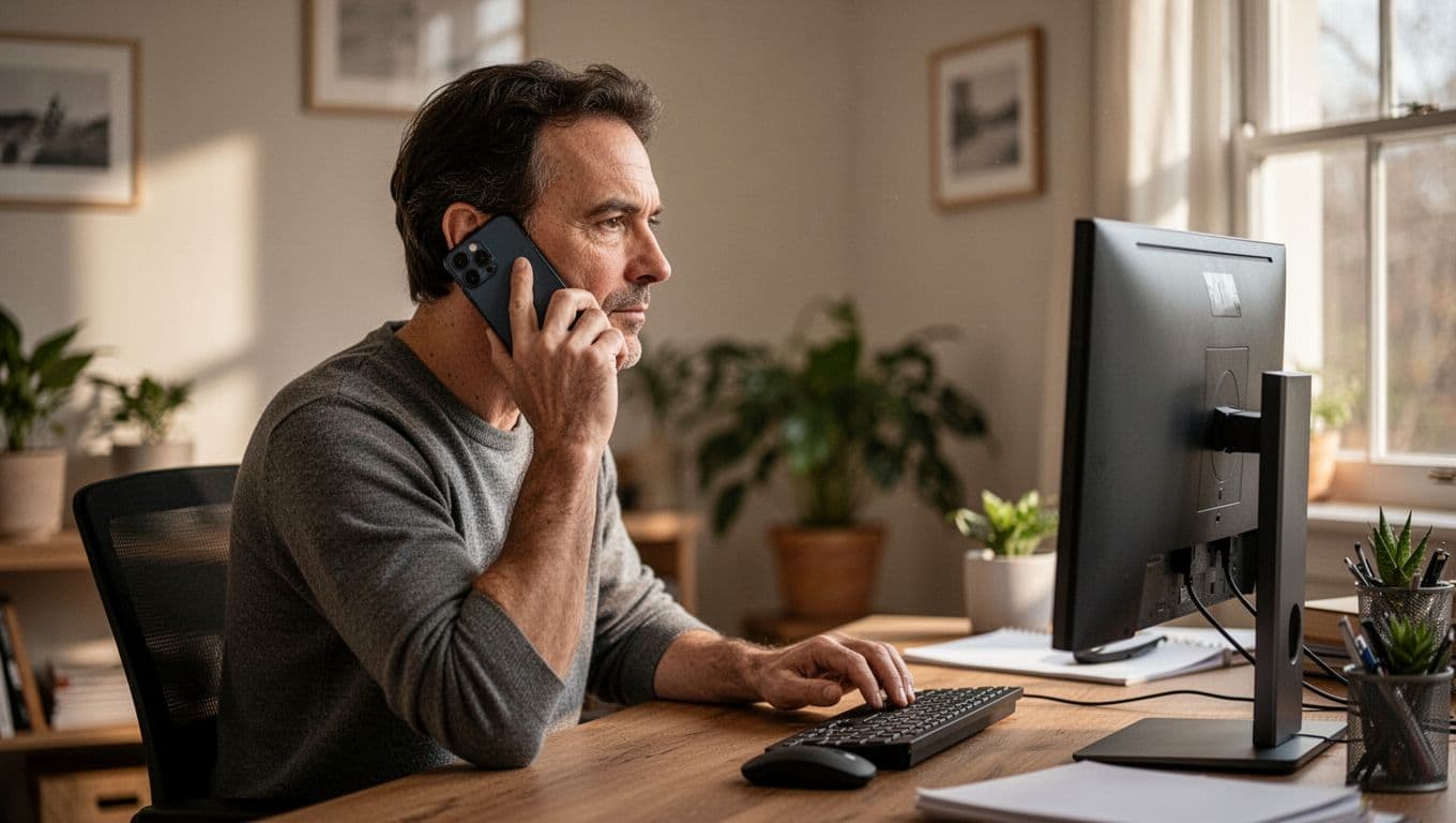 A calm individual sits at a desk with an open laptop, holding a smartphone to their ear. The home office features soft ambient light highlighting a focused and professional expression.