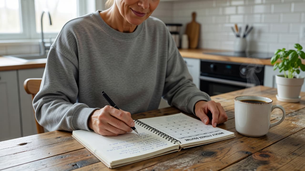 A focused adult sits at a wooden kitchen table writing in a spiral notebook. A warm cup of coffee rests beside the journal, while soft natural light illuminates the calm setting.