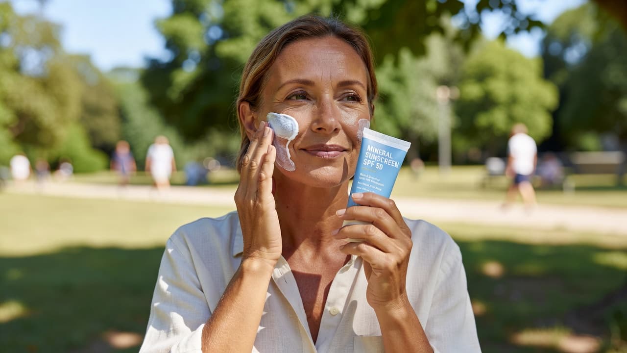 A middle-aged individual with visible natural skin texture carefully rubs mineral sunscreen onto their cheek while standing outdoors. They wear casual clothing and gaze thoughtfully away under bright, natural sunlight.