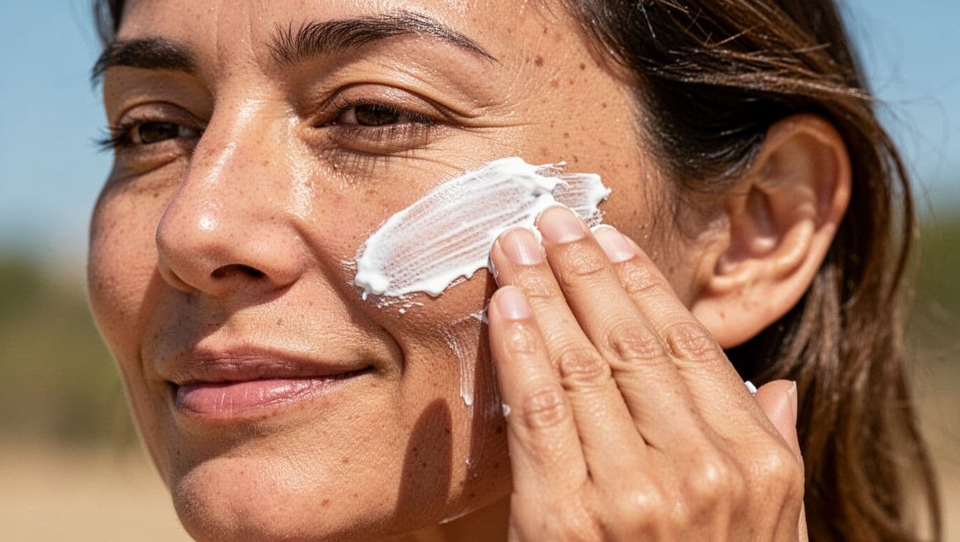 A close-up view captures a person carefully spreading white sunscreen across their cheek with fingertips. Golden natural sunlight highlights authentic skin texture against a softly blurred, warm outdoor background environment.