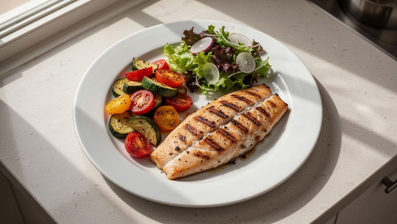 A top-down view shows a ceramic plate containing grilled fish, vibrant roasted root vegetables, and a crisp green side salad. Soft sunlight illuminates the wooden kitchen table, creating an inviting atmosphere.