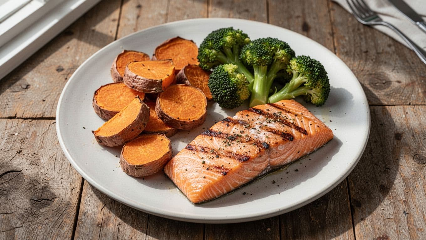 A rustic wooden table holds a simple meal consisting of grilled salmon fillets, golden roasted sweet potatoes, and steamed green broccoli. Natural ambient light highlights the textures of the whole ingredients.