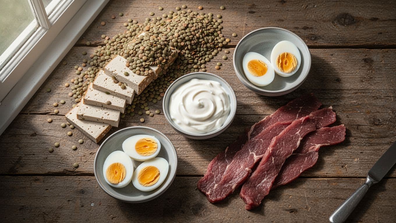 An overhead flat-lay view features a rustic table arranged with bowls of lentils, firm tofu, boiled eggs, creamy greek yogurt, and lean beef slices, all bathed in soft, natural morning light.