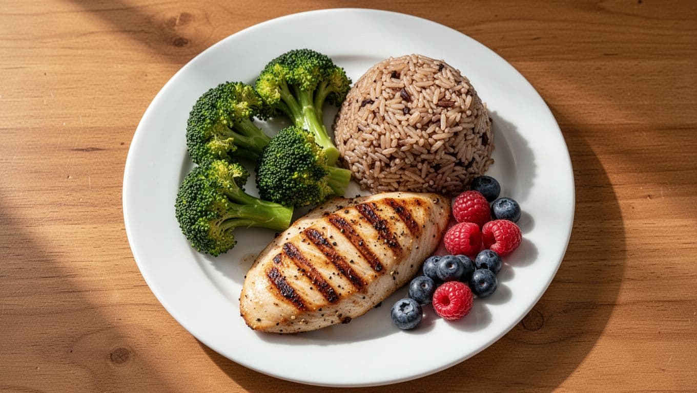 A top-down view showcases a plate with grilled chicken breast, steamed broccoli florets, and a portion of brown rice. Fresh blueberries sit beside the ceramic dish on a rustic wood surface.