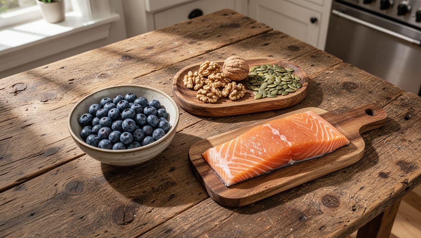 A rustic wooden table displays a bowl of fresh blueberries, crunchy walnuts, pumpkin seeds, and a serving of cooked salmon. Natural window light illuminates the textures of these nutrient-dense foods.