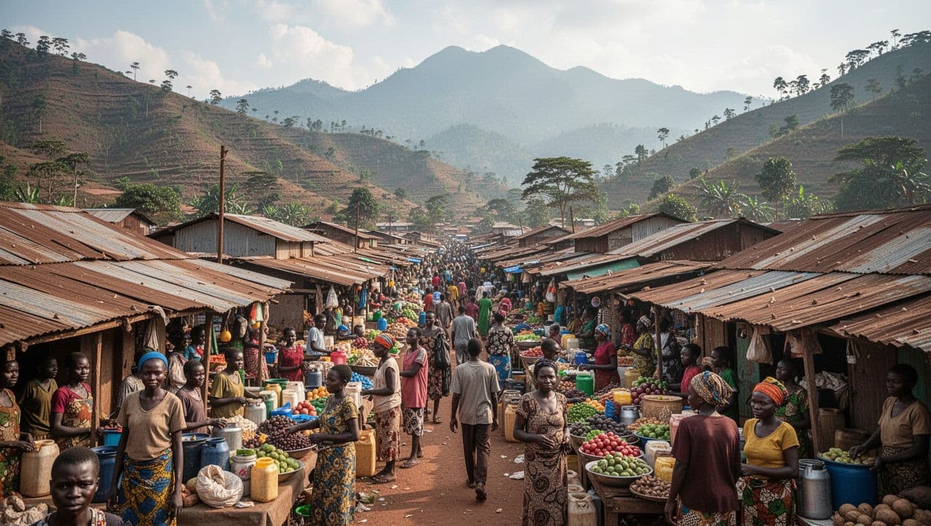 Crowds of people navigate a vibrant, dusty outdoor market nestled against a backdrop of jagged mountain ranges. Vendors and shoppers interact amidst the rugged, uneven landscape under a clear daytime sky.