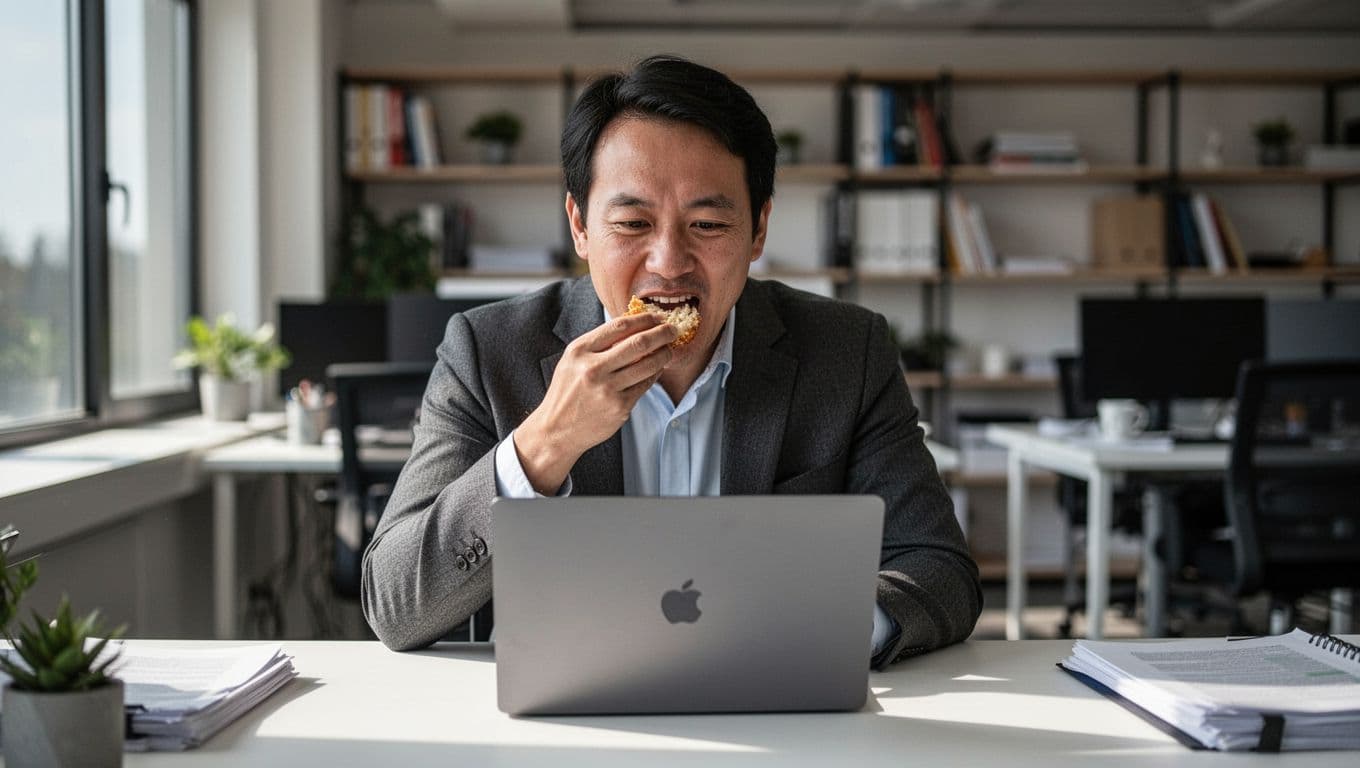A focused office worker types on a laptop while quickly eating a meal with one hand. The background is softly blurred to emphasize the busy desk environment and the hurried motion.