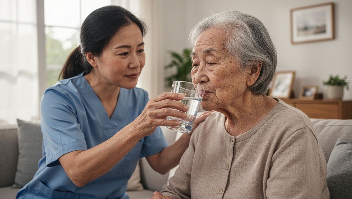 A kind caregiver holds a glass of water to the lips of an elderly person in a sunlit living room. They share an intimate, supportive moment focused on hydration and well-being.