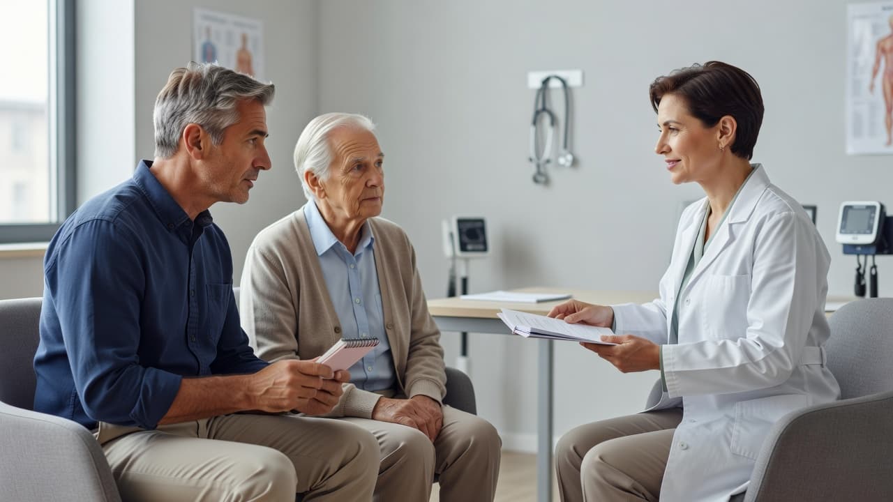 An elderly patient and their caregiver sit in a bright medical office speaking with a physician. The patient holds a pink notepad while the doctor listens intently to their medical concerns.