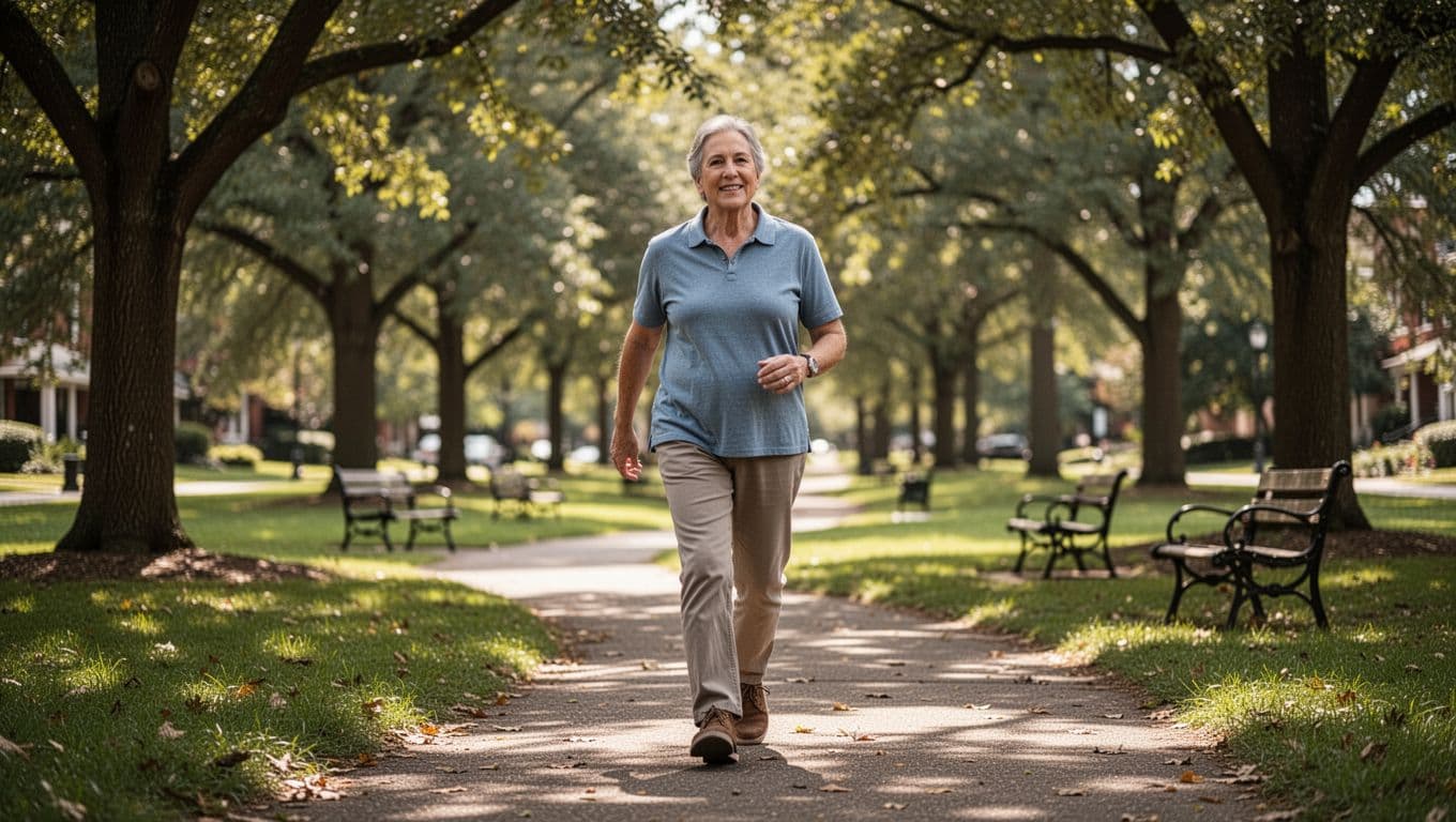 A middle-aged individual enjoys a relaxed stroll along a tree-lined park path, captured in natural, soft sunlight. The candid scene highlights comfortable attire and the therapeutic motion of a daily walk.