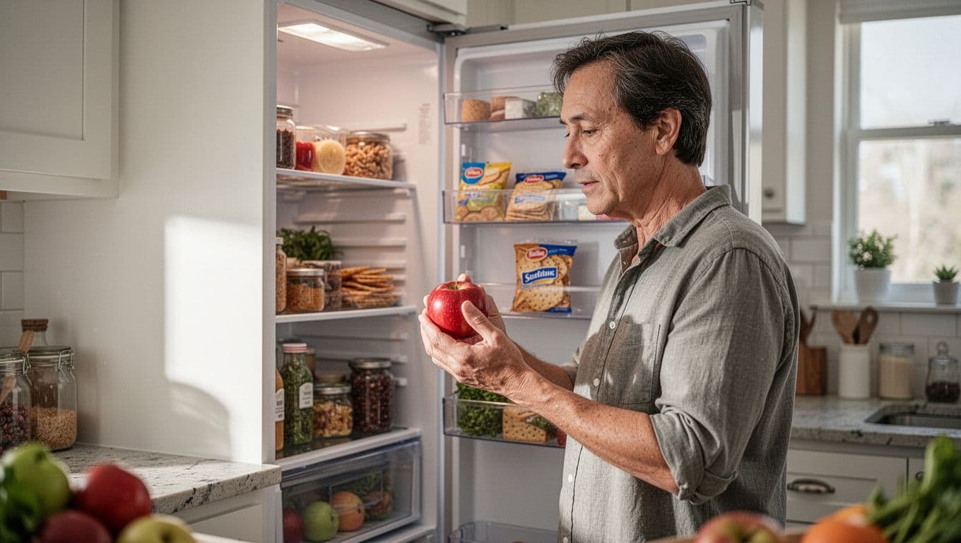 A person stands between an open refrigerator and pantry, holding a fresh red apple while gazing at a box of processed crackers. The kitchen is brightly lit with natural morning light.