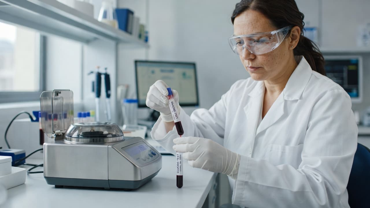 A technician wearing a pristine white coat carefully handles glass test tubes near a centrifuge. The clinical workstation features organized equipment under bright, natural lighting to ensure precise medical analysis results.