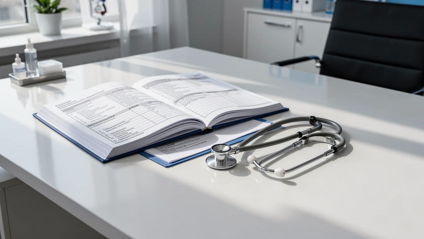 A clean wooden desk holds a stethoscope resting beside an open medical chart. Large windows bathe the professional medical office in natural light, suggesting a dedicated space for longitudinal patient study.