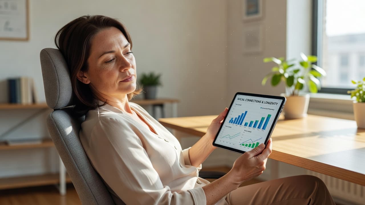 A researcher leans back in an ergonomic chair while examining health statistics on a tablet. Natural light illuminates the modern office space, highlighting the professional focus and clinical environment surrounding them.