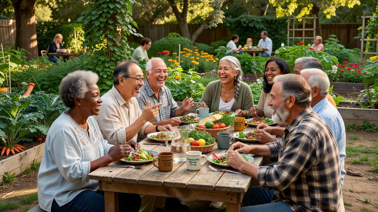 A diverse group of middle-aged and older adults share a meal around a rustic wooden table. Sunlight filters through nearby leaves, illuminating their faces as they engage in friendly afternoon conversation.
