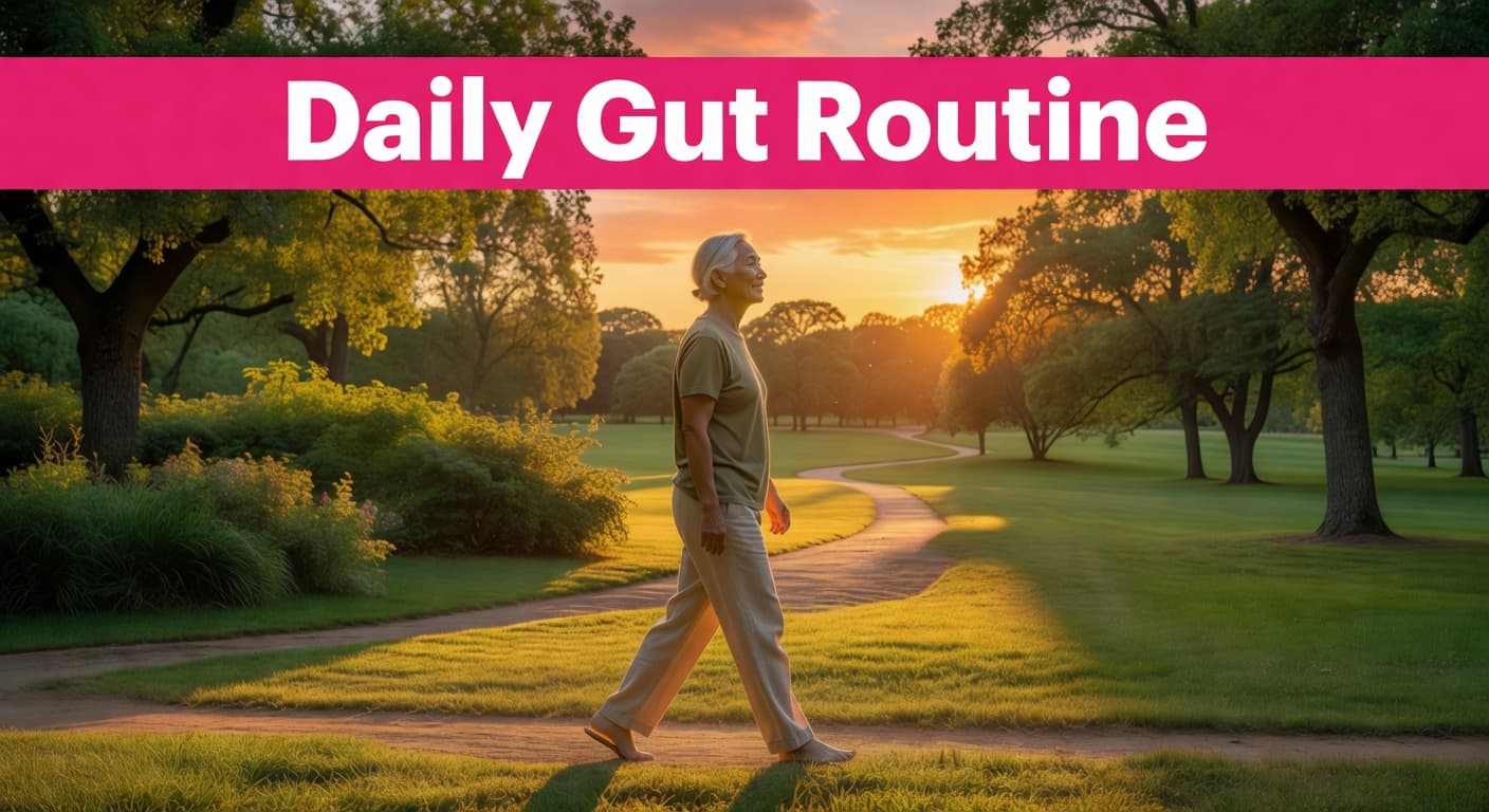 A person walks calmly along a green park path during a golden sunset, silhouetted against soft light. A bold pink header bar at the top displays the text Daily Gut Routine.