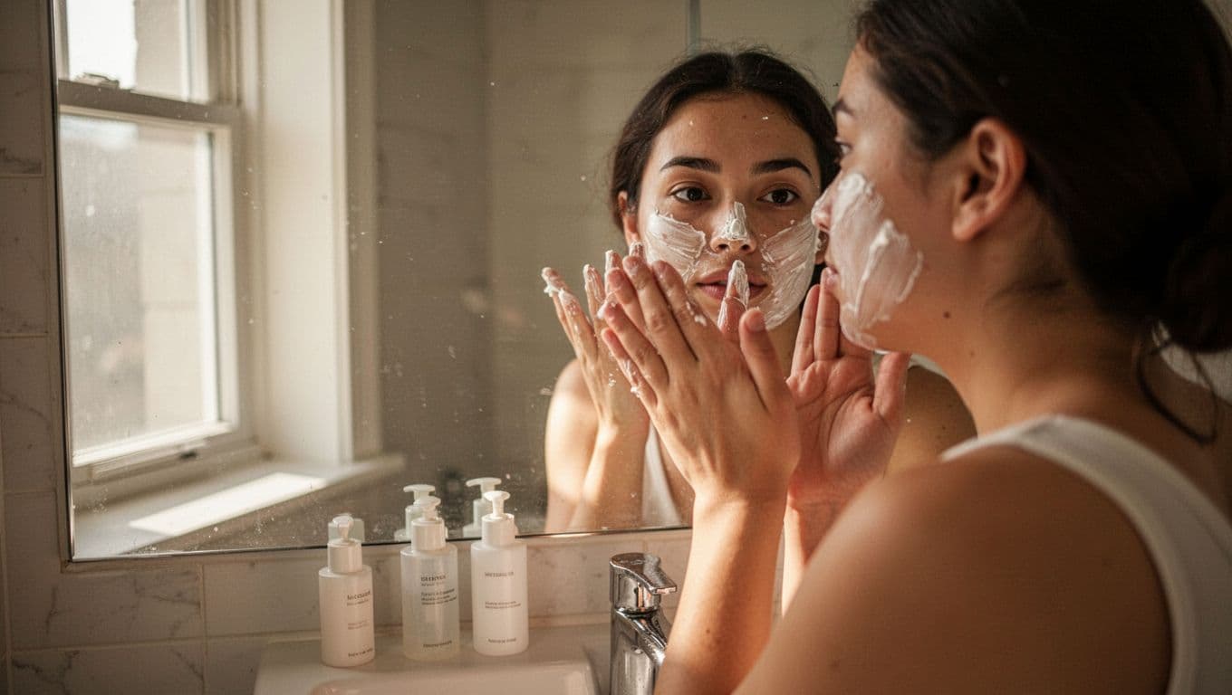 An individual looks into a bright bathroom mirror while gently smoothing white cream onto their cheeks. Warm daylight illuminates the clean vanity, highlighting the natural texture of their healthy skin.