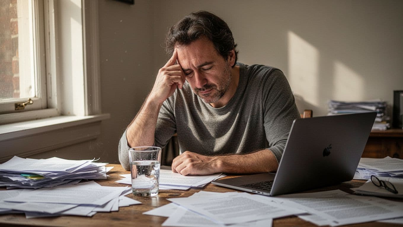 A weary person in a messy workspace rubs their temples while sitting near a glass of water. Soft morning light streams through the window, highlighting the exhausted expression and cluttered environment.