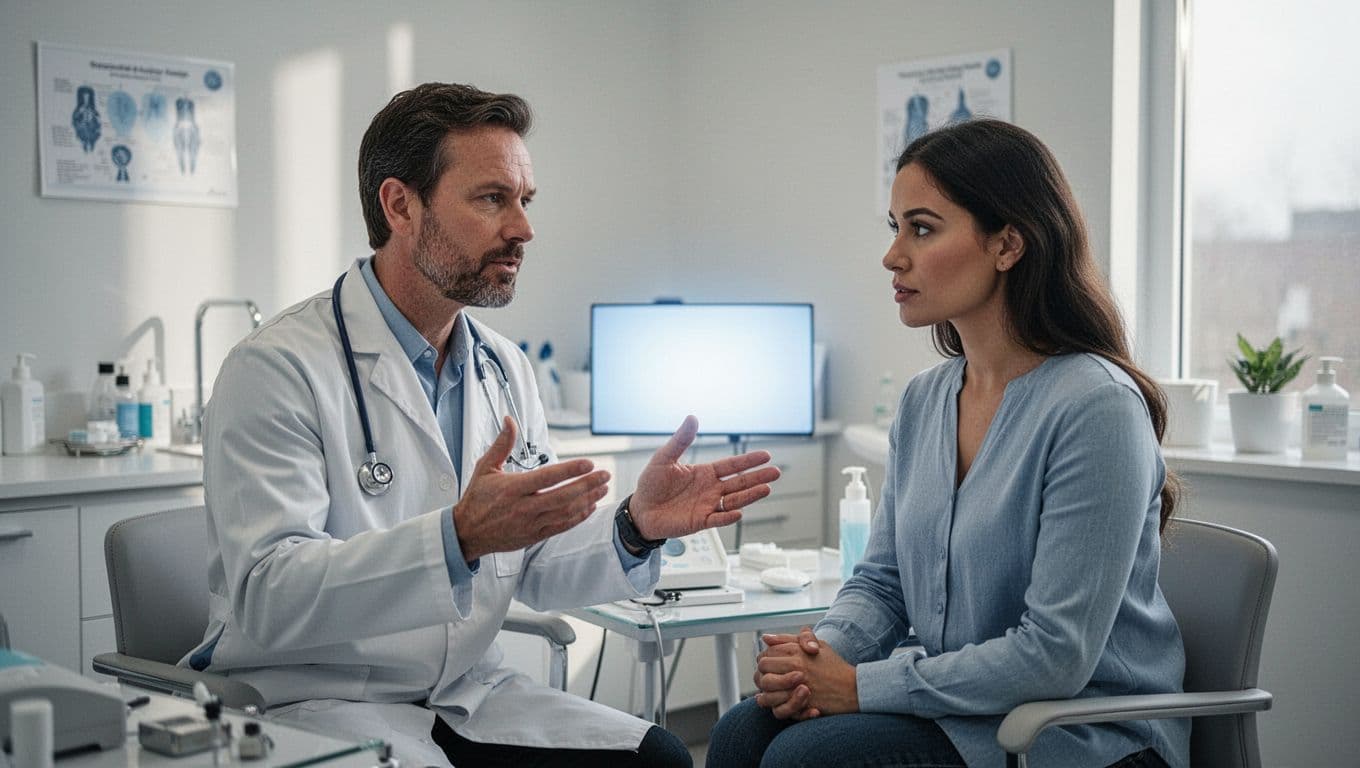 A dermatologist in a white coat gestures toward a digital tablet screen while explaining a skincare plan to a patient seated in a bright, modern, and clinical medical office environment.