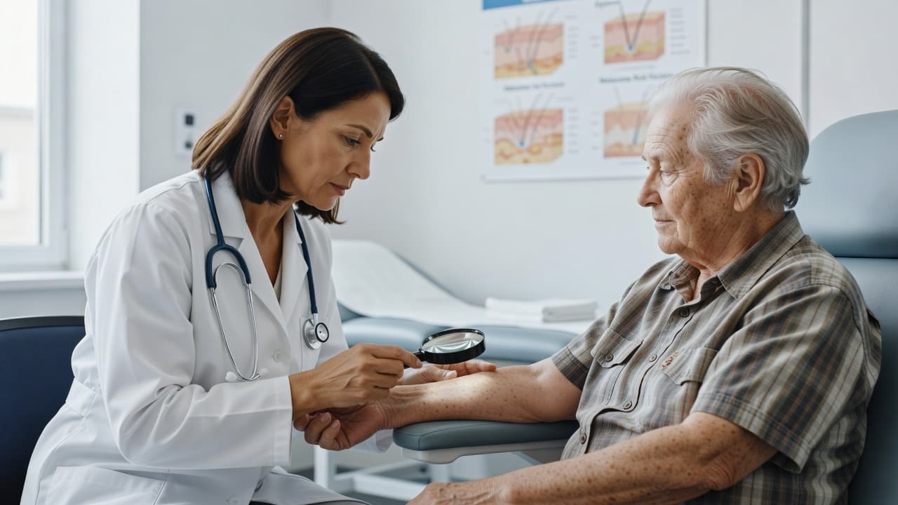 A doctor in a white coat uses a handheld magnifying tool to inspect a lesion on an elderly patient's forearm. The clean, bright office setting emphasizes a professional clinical health environment.