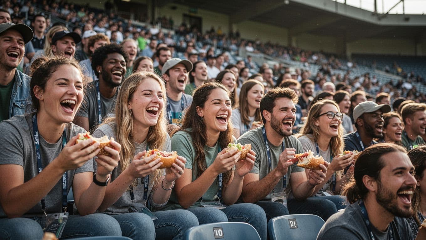 A diverse group of ecstatic fans sits close together in stadium seating while cheering and eating snacks. Warm daylight illuminates the joyful crowd during an intense professional sporting event.