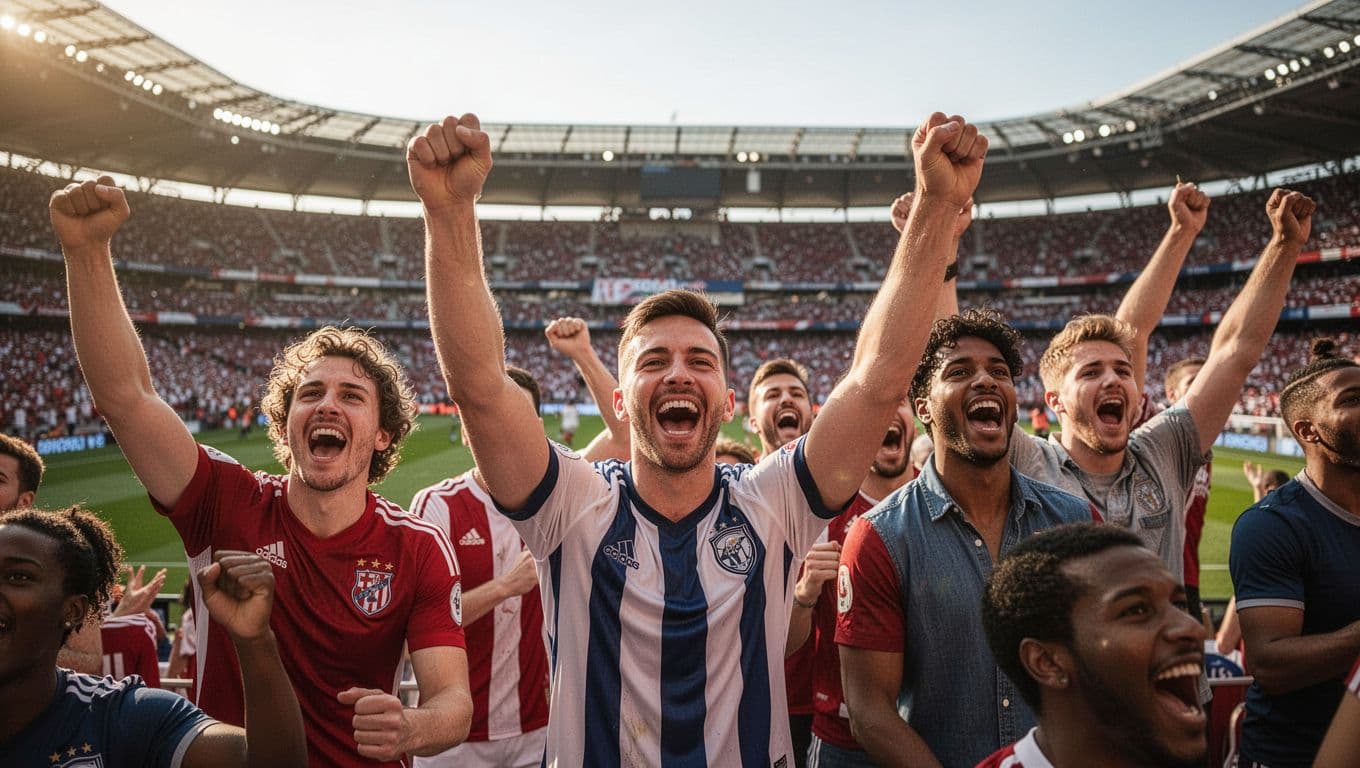 A group of enthusiastic supporters stands in a crowded stadium during a sunny afternoon match. They are laughing and yelling with genuine expressions of joy while wearing team-colored casual clothing.