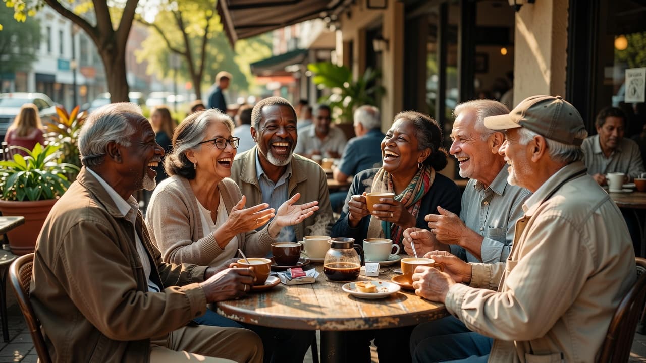 A diverse group of older adults sit around a circular outdoor bistro table laughing while sharing coffee. Soft sunlight illuminates their expressive faces and casual clothing during this joyful social gathering.