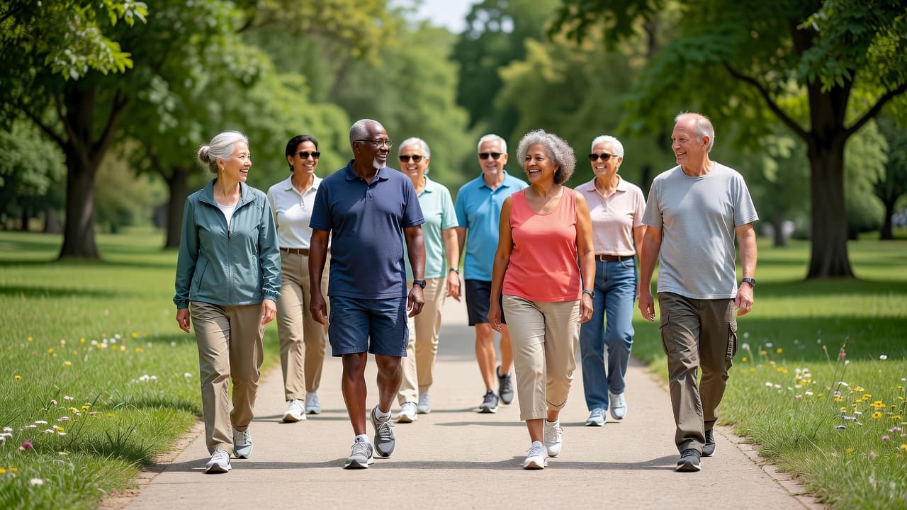 A diverse group of cheerful older adults stroll along a sunlit paved path in a lush park. The scene captures a sense of community and wellness through natural outdoor movement.
