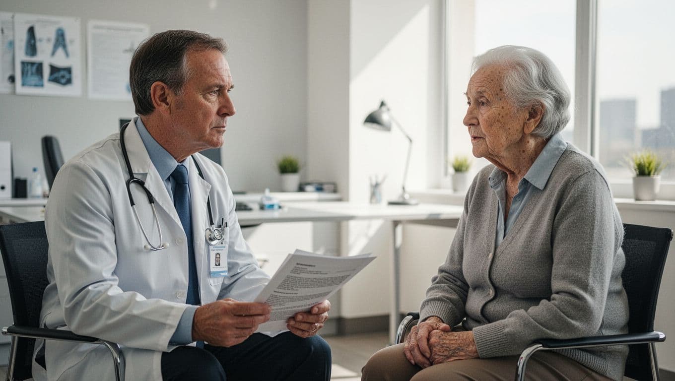 A medical professional in a white coat sits across from an elderly patient in a sunlit clinic office. The doctor holds medical records while engaging in a calm, serious health discussion.