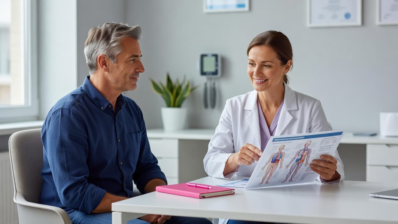 A doctor and patient review health documents together within a bright medical office. The physician holds a vibrant pink notebook while providing guidance to the middle-aged adult sitting opposite them.