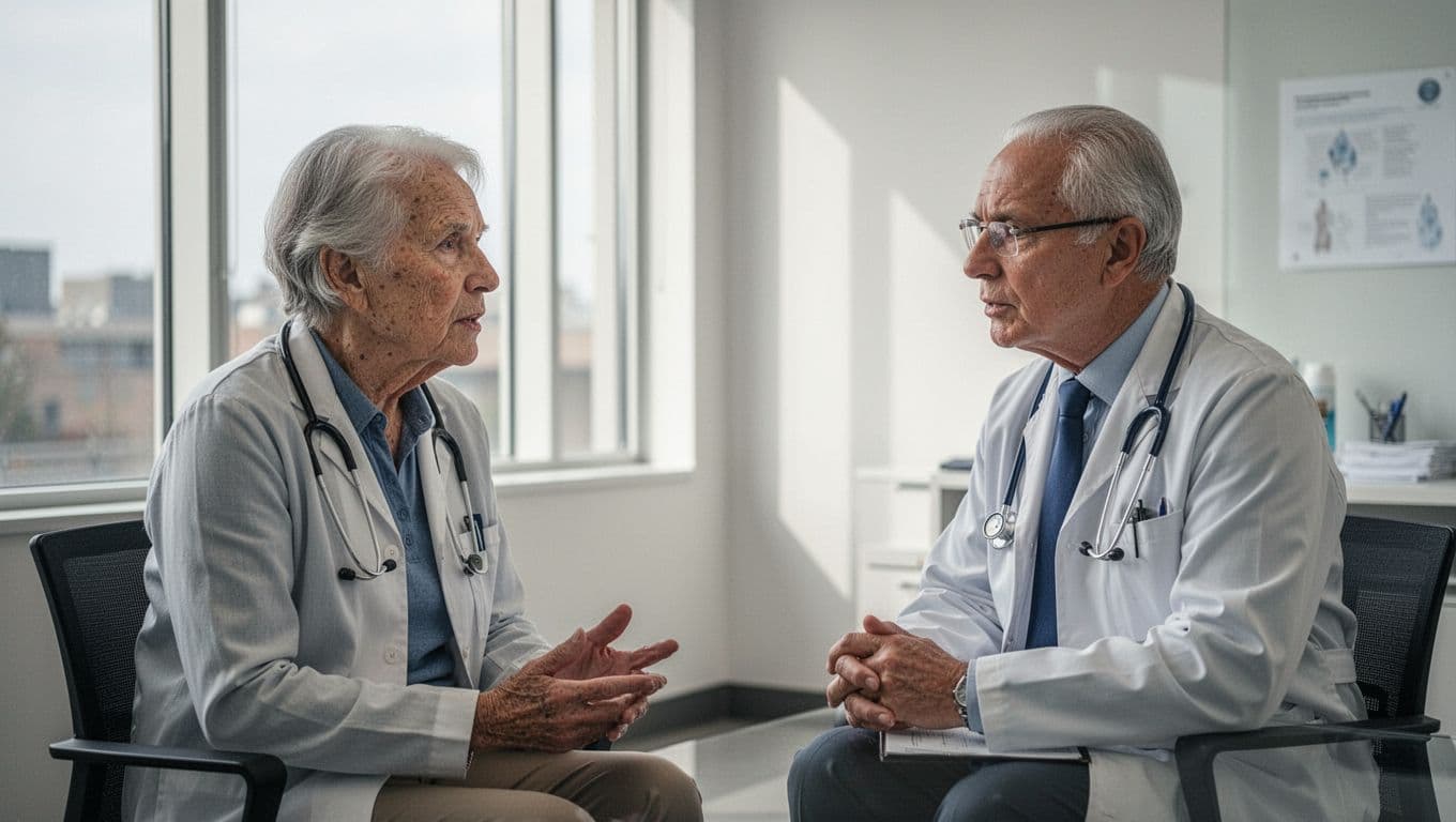An elderly patient speaks earnestly while sitting in a bright medical office. Across the desk, a professional doctor leans forward and listens with deep attention to the health concerns shared aloud.