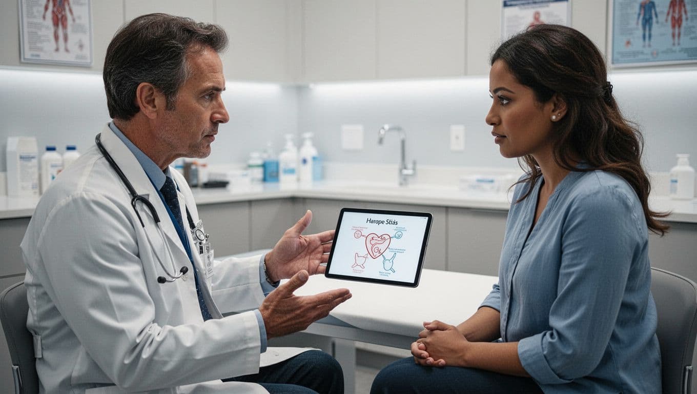 A medical professional sits across from a patient in a bright clinic, gesturing toward a tablet displaying health data. The patient listens closely as they discuss blood sugar management together.