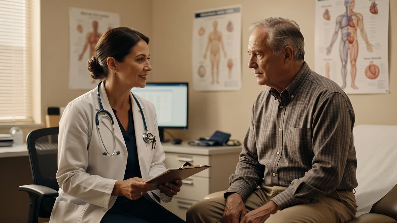 A doctor in a white coat sits across from a patient in a clinical exam room, holding a clipboard while speaking calmly. Sunlight streams through, highlighting the professional, comfortable atmosphere.