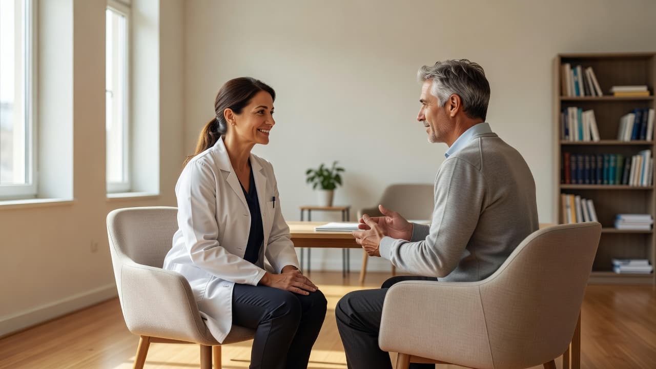 A doctor sits in a comfortable chair facing a patient within a sunlit office. They maintain relaxed posture while engaged in a thoughtful health conversation, free from any desk barriers.