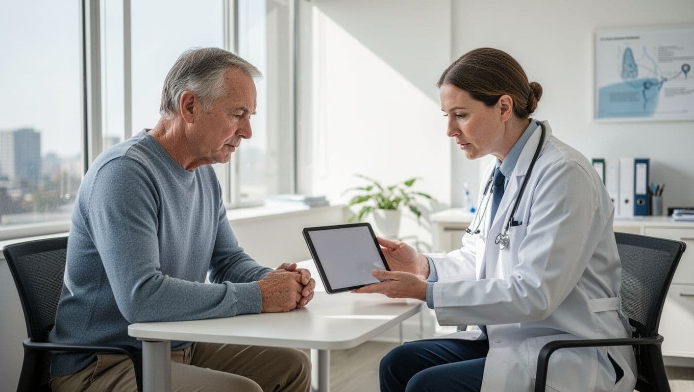 A doctor and a middle-aged patient sit facing each other in a bright clinic, reviewing information on a tablet. The patient appears engaged while discussing specific treatment options for joint mobility.