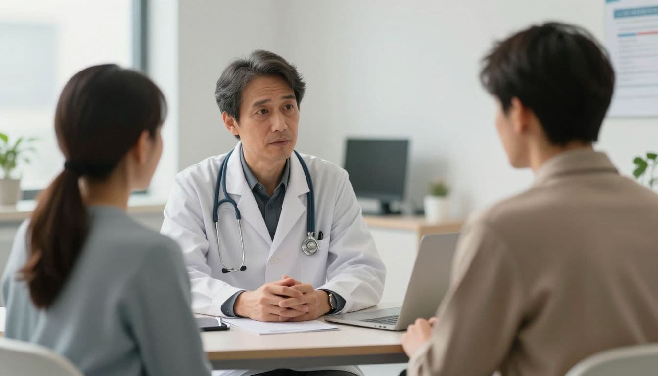 A physician sits across from their patient in a bright medical office during a private appointment. They lean forward intently to discuss health results in a calm and supportive professional setting.