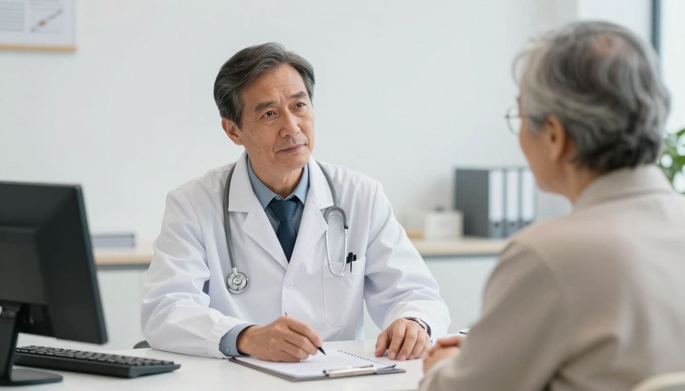 A professional doctor wearing a clean white lab coat sits in a sunlit office, attentively listening to an elderly patient across the wooden desk during a serious medical health consultation session.