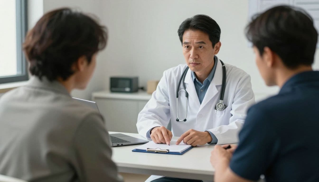 A professional doctor sits across from a patient in a bright office, gesturing toward a medical chart on a clipboard to explain a diagnosis. The patient listens with focused attention.