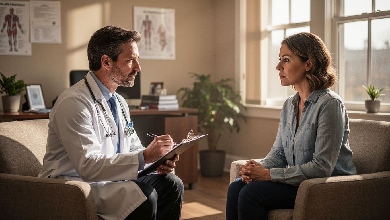 A compassionate doctor sits in a leather chair while reviewing notes on a clipboard, facing a patient in a bright office. Warm sunlight illuminates their faces during this supportive wellness dialogue.