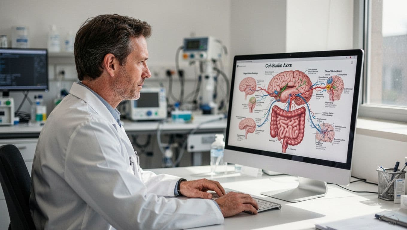A focused researcher sits at a clean desk, carefully studying a complex biological diagram showing the enteric nervous system. Blurred clinical laboratory equipment provides a professional backdrop to the candid scene.