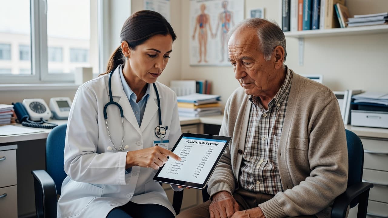 A physician sits with an elderly patient inside a modern clinical office, carefully reviewing a digital tablet together. They focus on a list of medications while discussing health management plans.