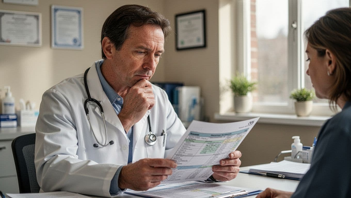 A physician in a crisp white coat focuses intently on paper medical records within a sunlit clinic office. The background features blurred medical supplies and soft interior light, creating a professional atmosphere.