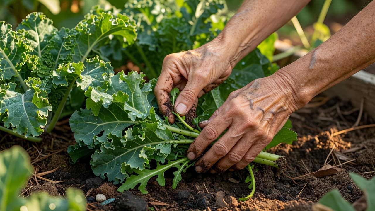 Close-up of weathered hands delicately gathering fresh kale from dark, rich garden soil. Soft sunlight filters through vibrant leaves, highlighting the intricate skin texture during a peaceful morning harvest session.