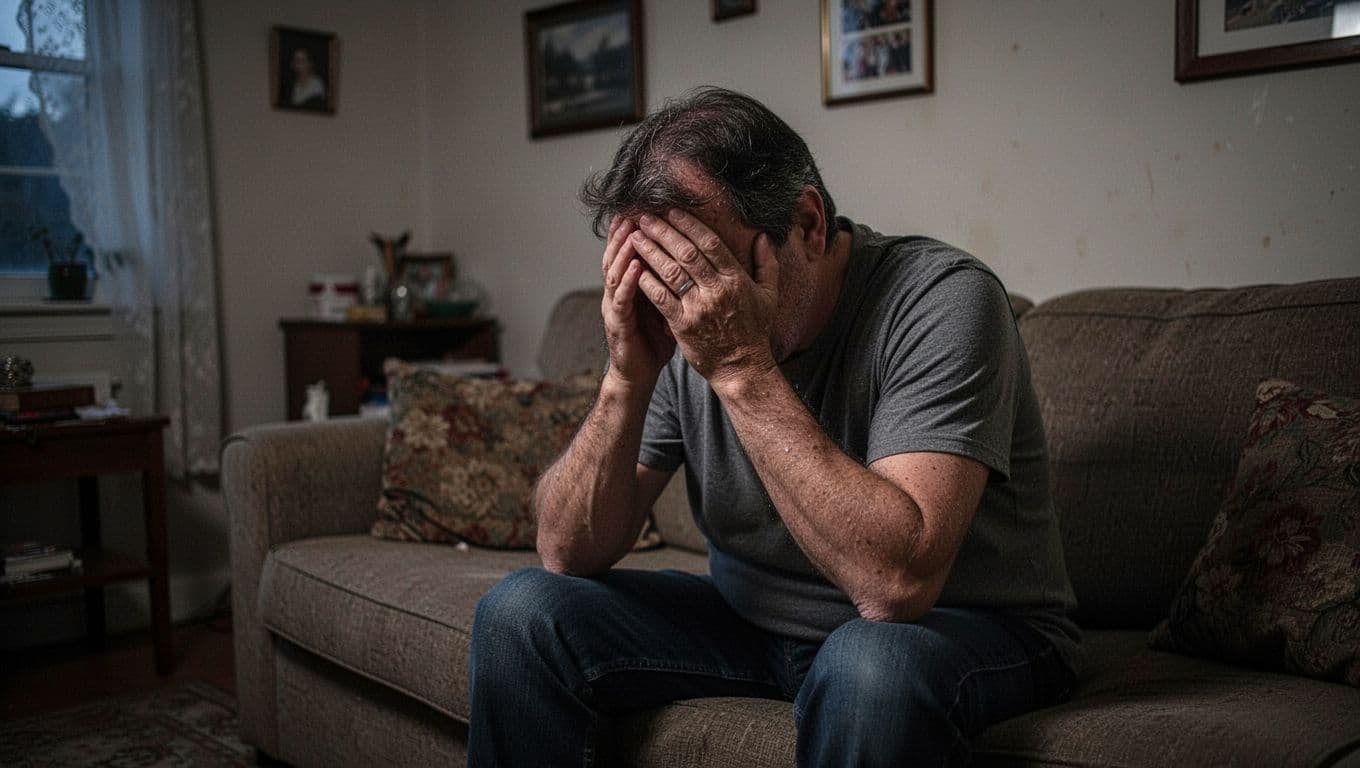 A weary individual sits slumped on a living room sofa, cradling their forehead in their hands. Soft evening light streams through a nearby window, highlighting realistic skin textures and shadows.