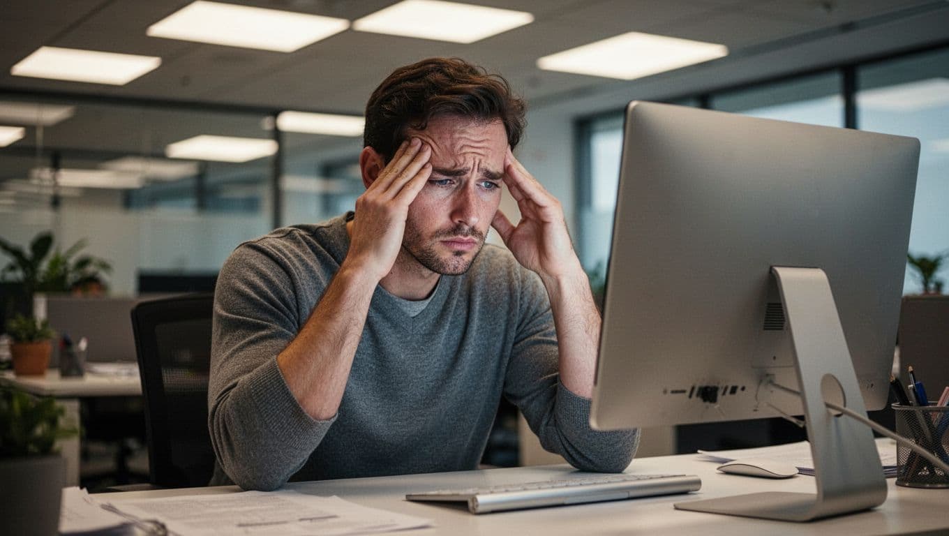 A weary employee sits at a cluttered desk, pressing fingers against their temples while staring intently at a glowing computer screen. Soft light highlights their strained expression and tired facial features.